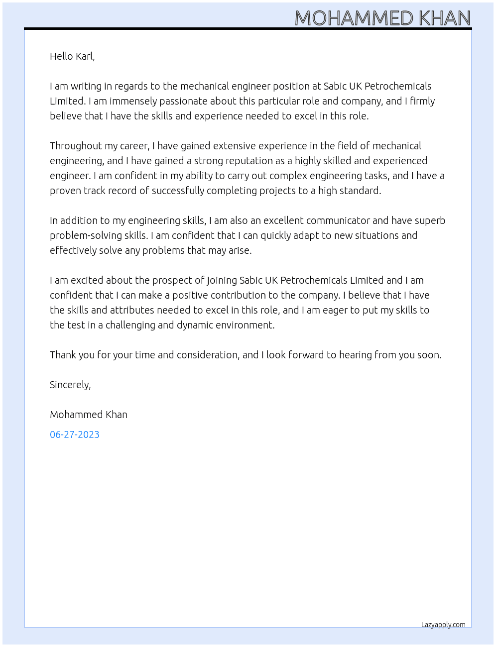 mechanical engineer At sabic uk petrochemicals limited Cover Letter