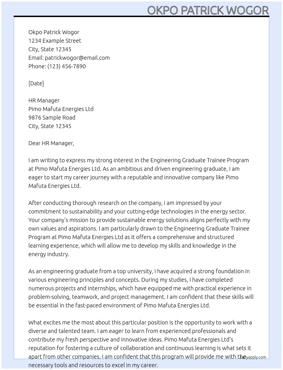 Engineering Graduate Trainee Program At Pimo Mafuta Energies Ltd Cover Letter