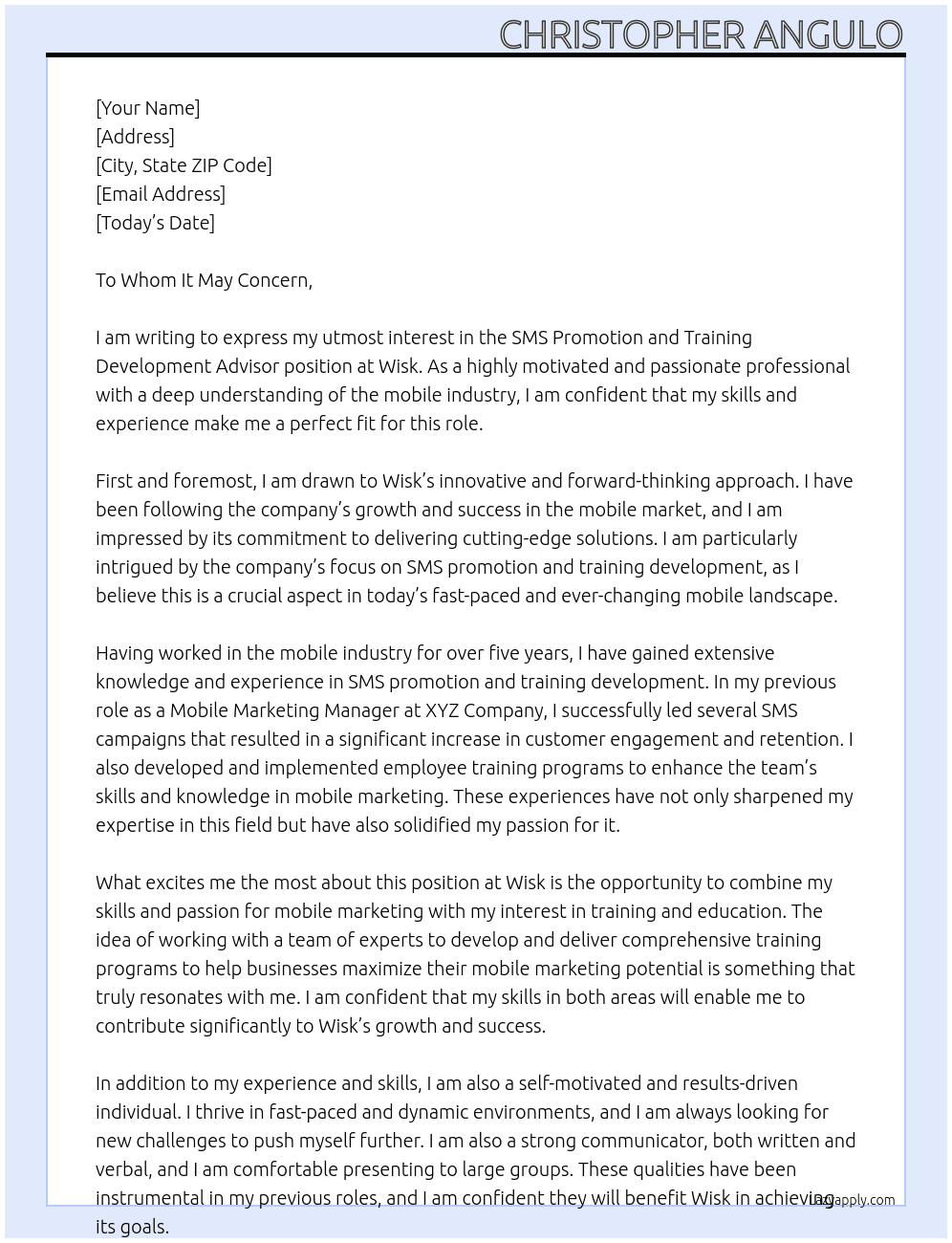 SMS Promotion and Training Development Advisor At Wisk Cover Letter