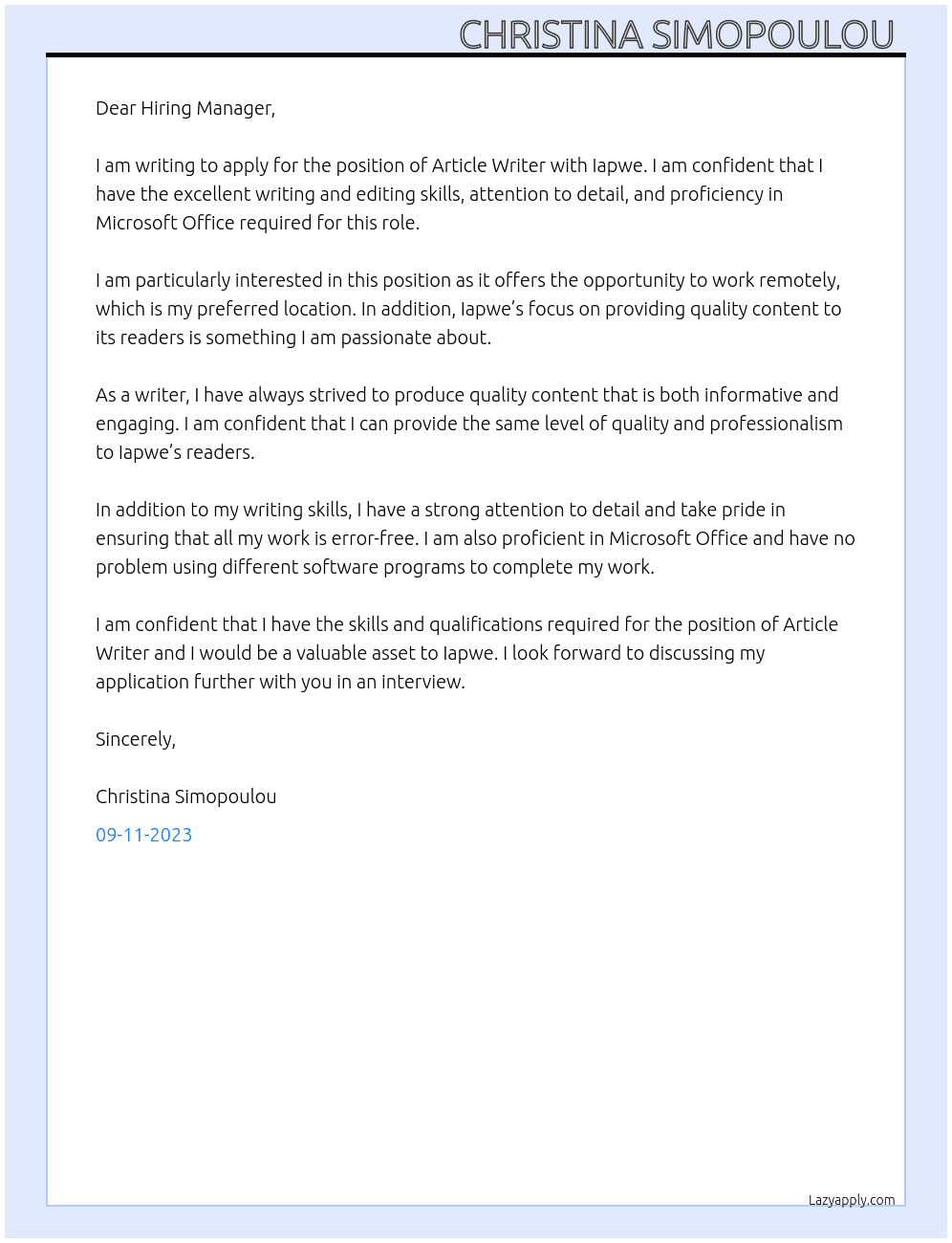 Article writer  At Iapwe  Cover Letter