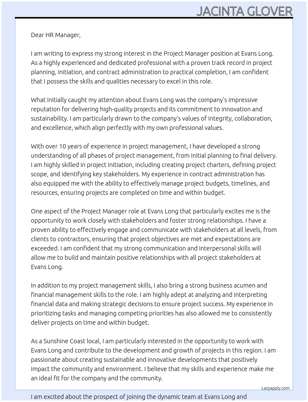 porject manager At Evans Long Cover Letter