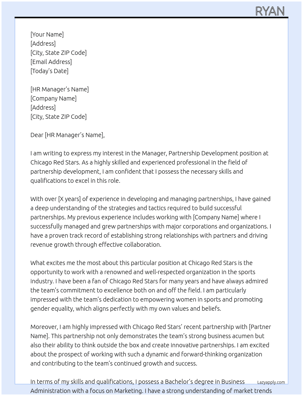 Manager, Partnership Development At Chicago Red Stars Cover Letter