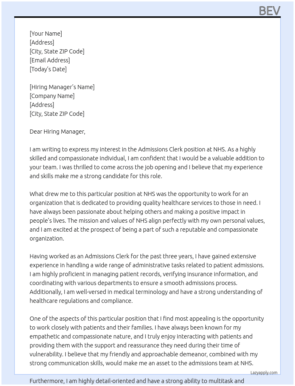 Admissions Clerk At NHS Cover Letter