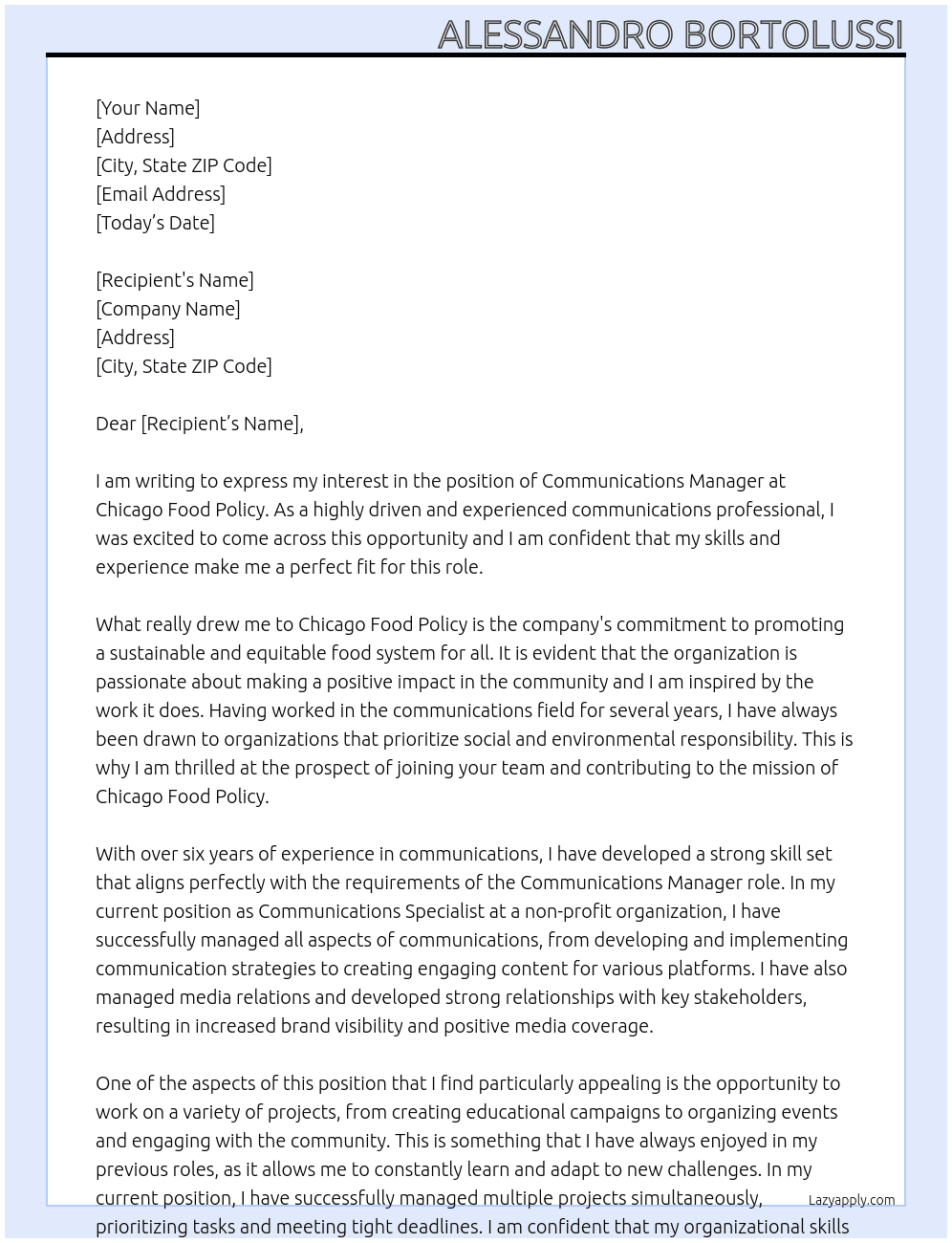 Communications Manager At Chicago Food Policy Cover Letter