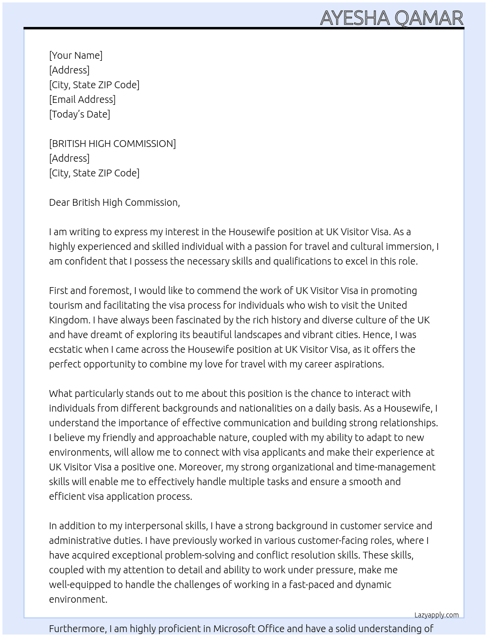 HOUSE WIFE At UK VISITOR VISA Cover Letter