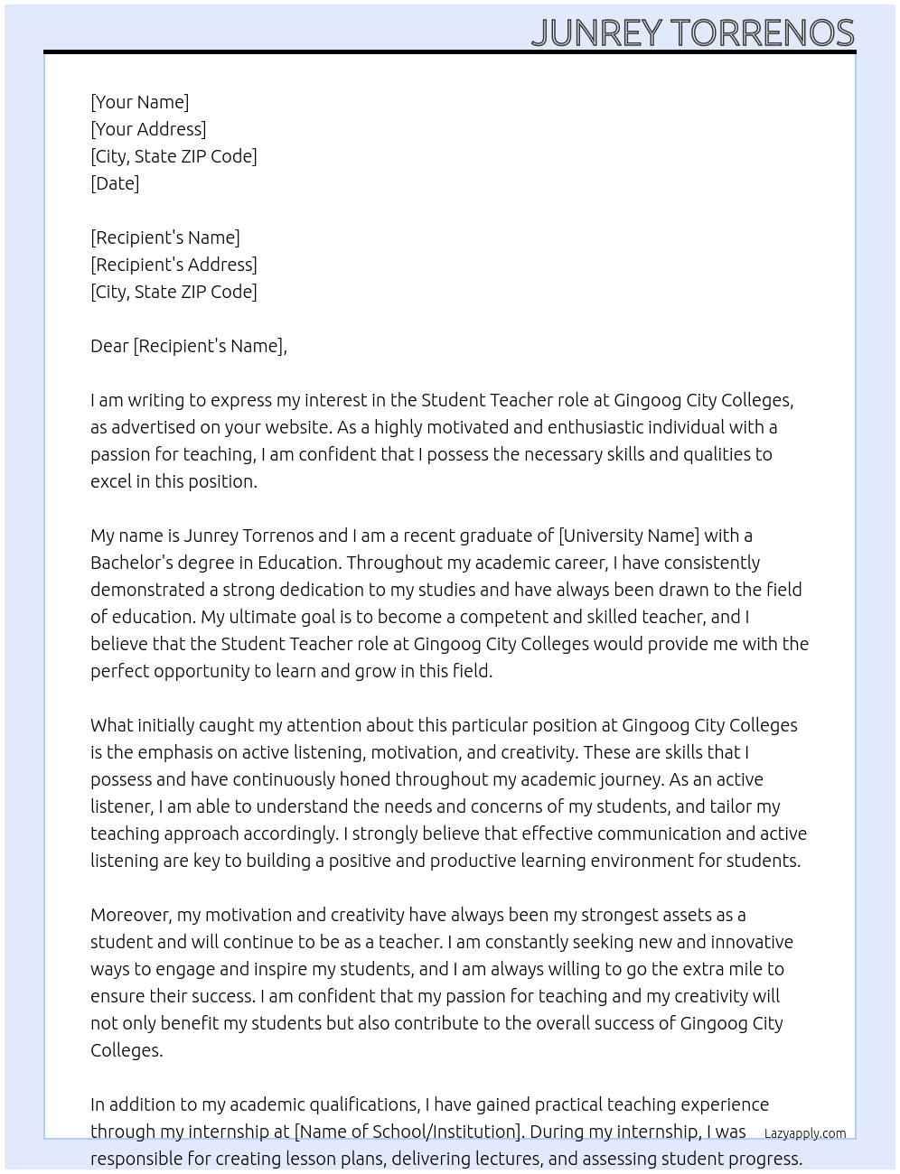 Student Teacher  At student teacher  Cover Letter