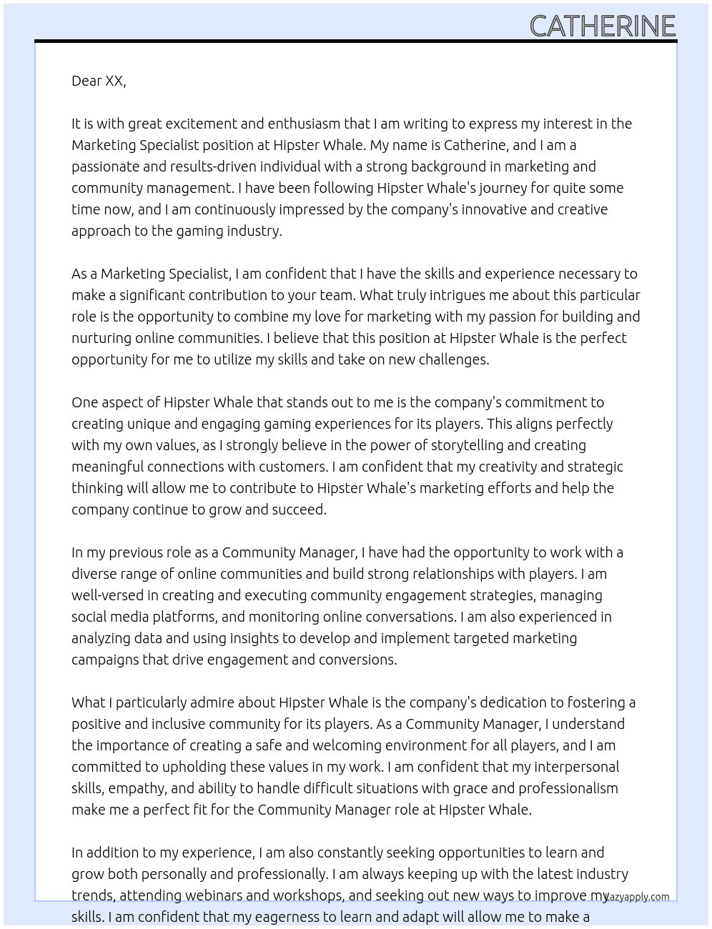 Marketing Specialist At Hipster Whale Cover Letter