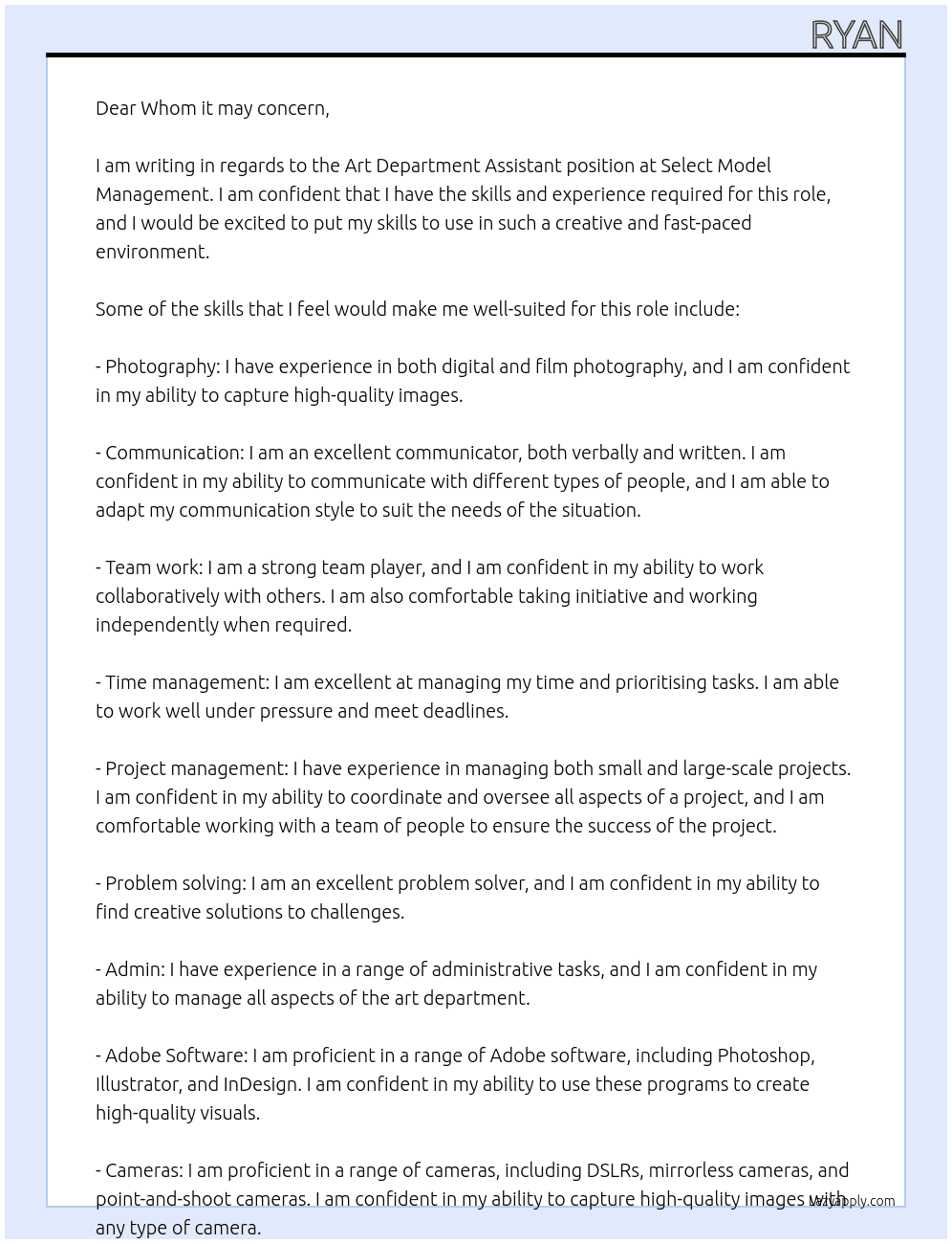 Art Department Assistant At Select Model Management  Cover Letter
