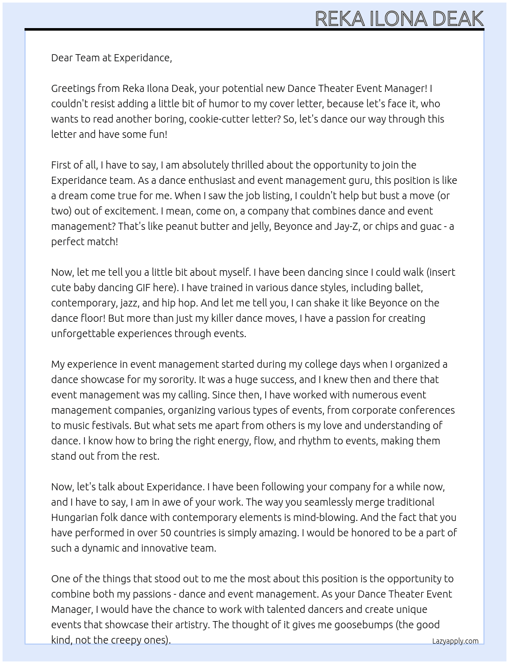 dance theater event manager  At Experidance Cover Letter