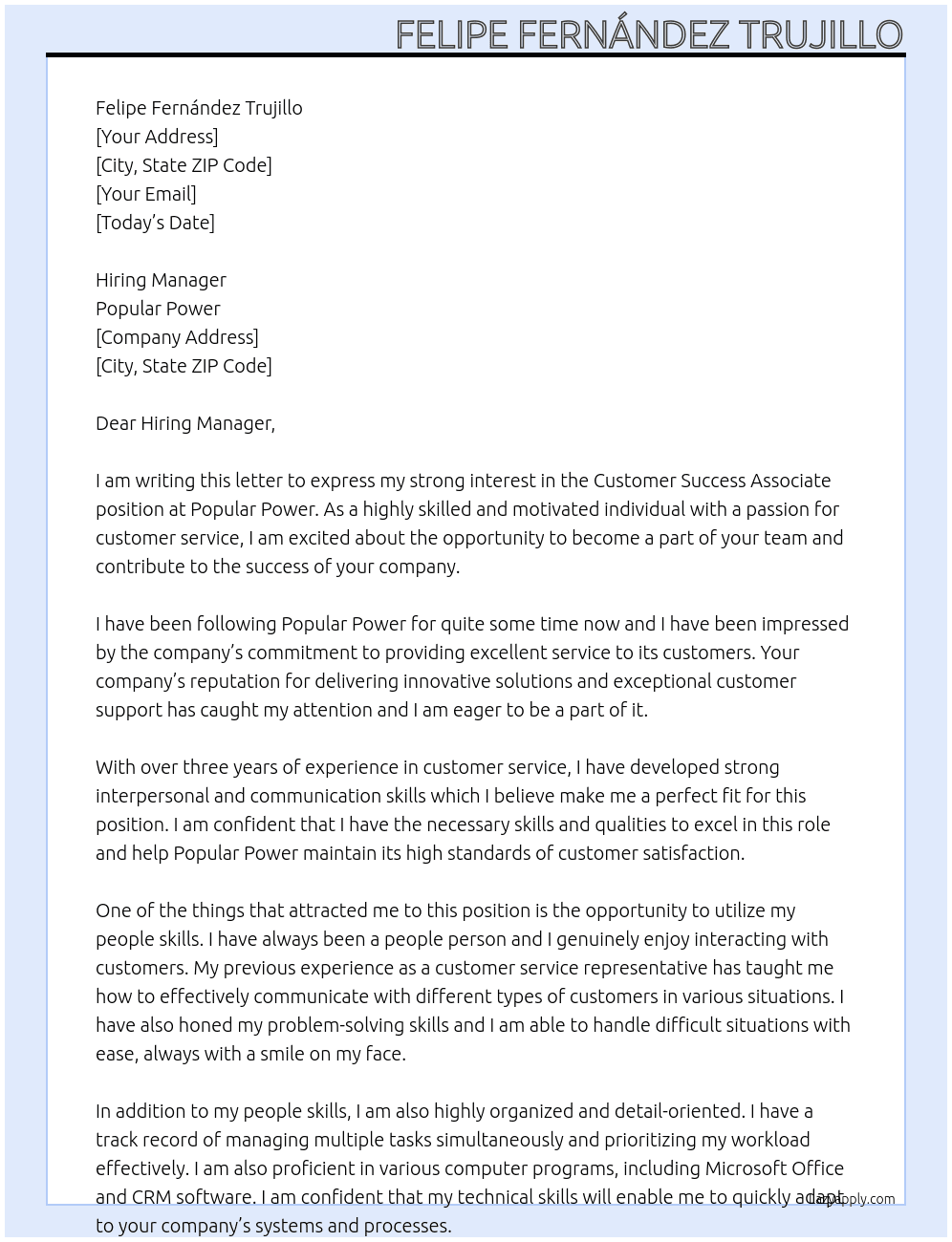 Customer Success Associate At Popular Power Cover Letter