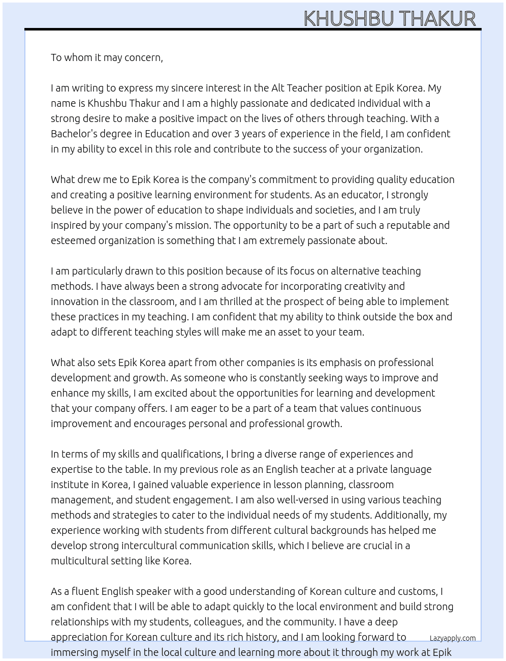 Alt teacher in korea At Epik korea Cover Letter