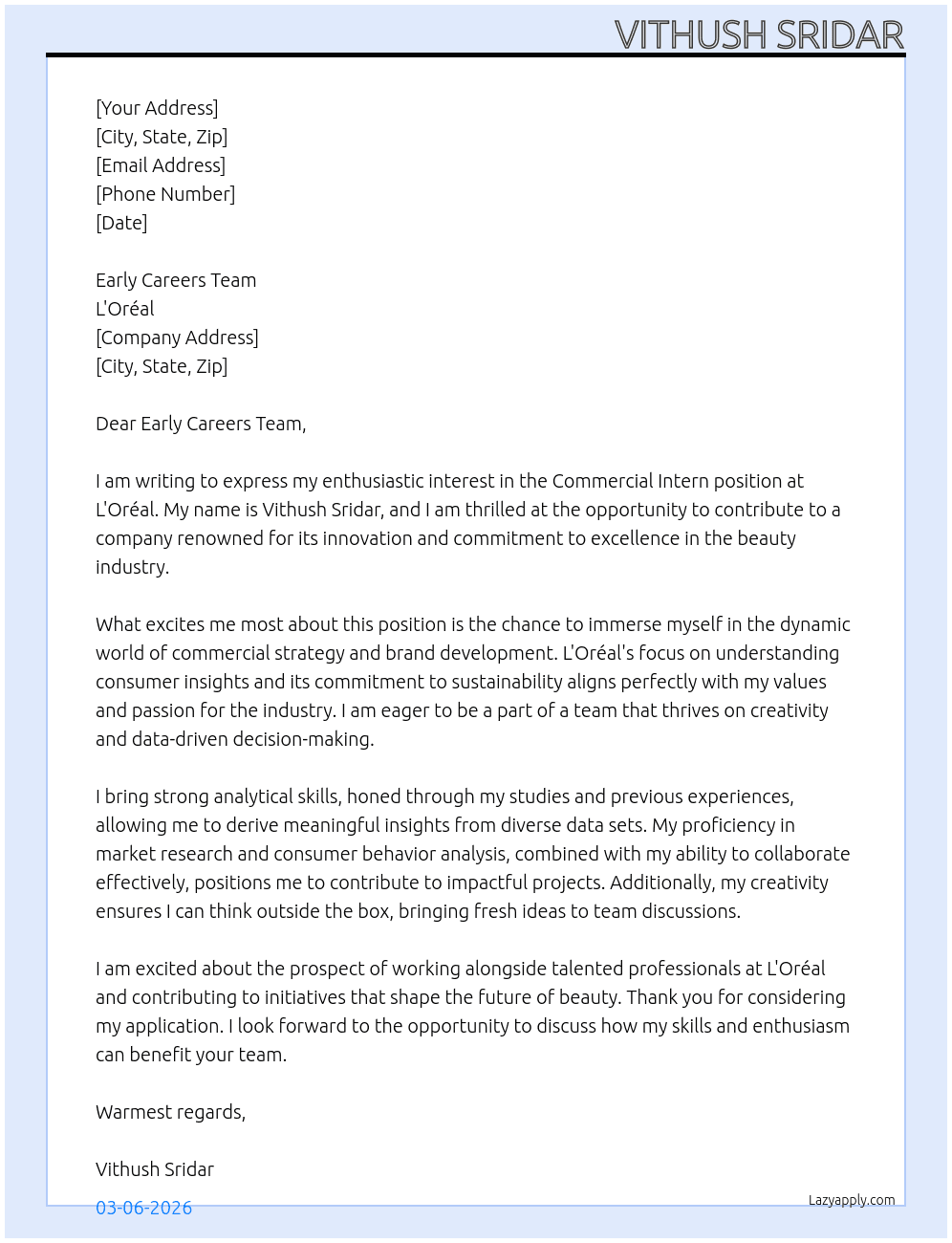 Commercial Intern At L'Oreal Cover Letter