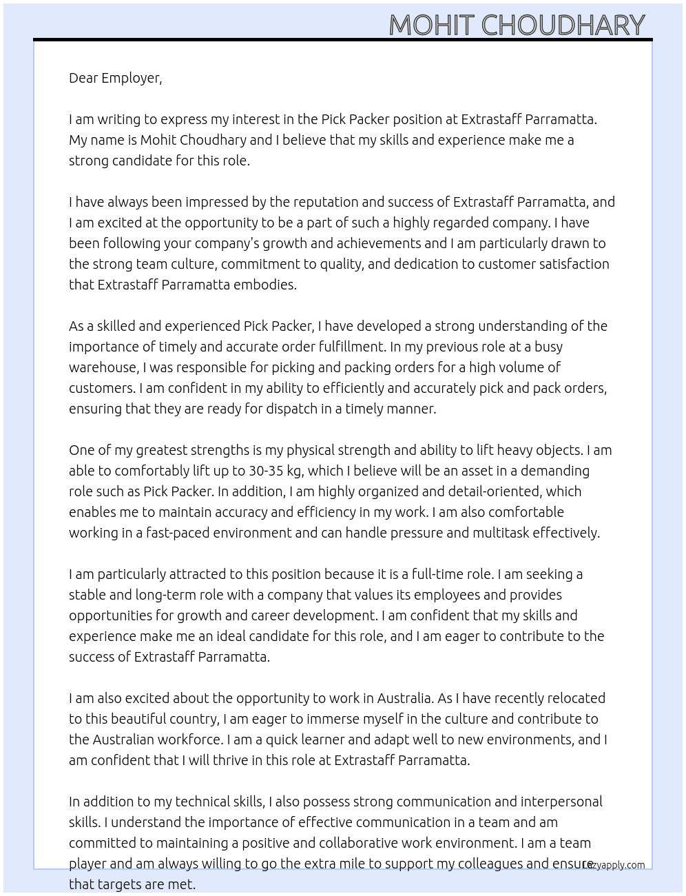 Pick Packer At Extrastaff Parramatta Cover Letter