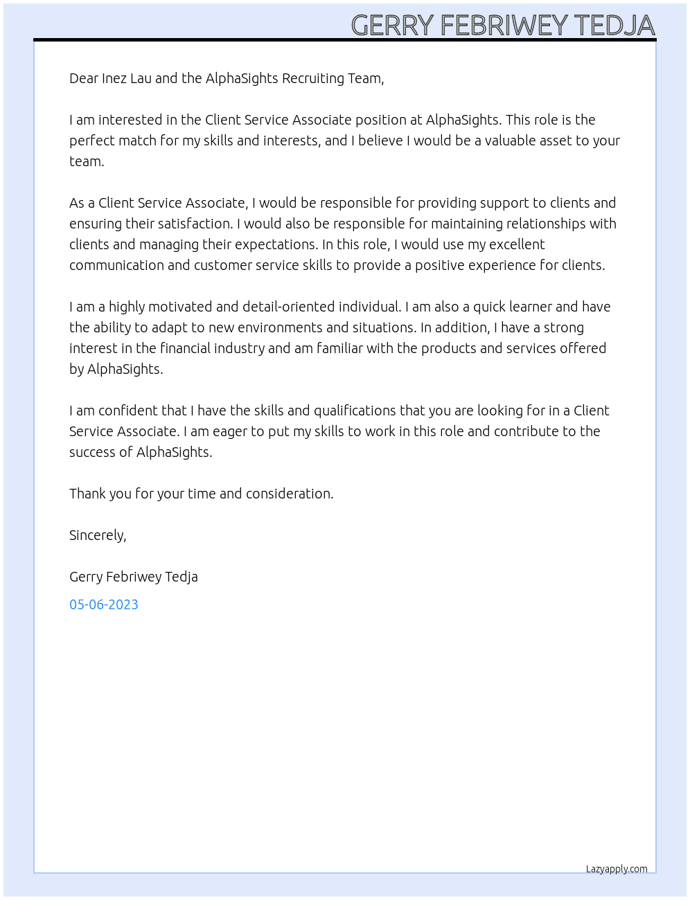 Client Service Associate At AlphaSights Cover Letter
