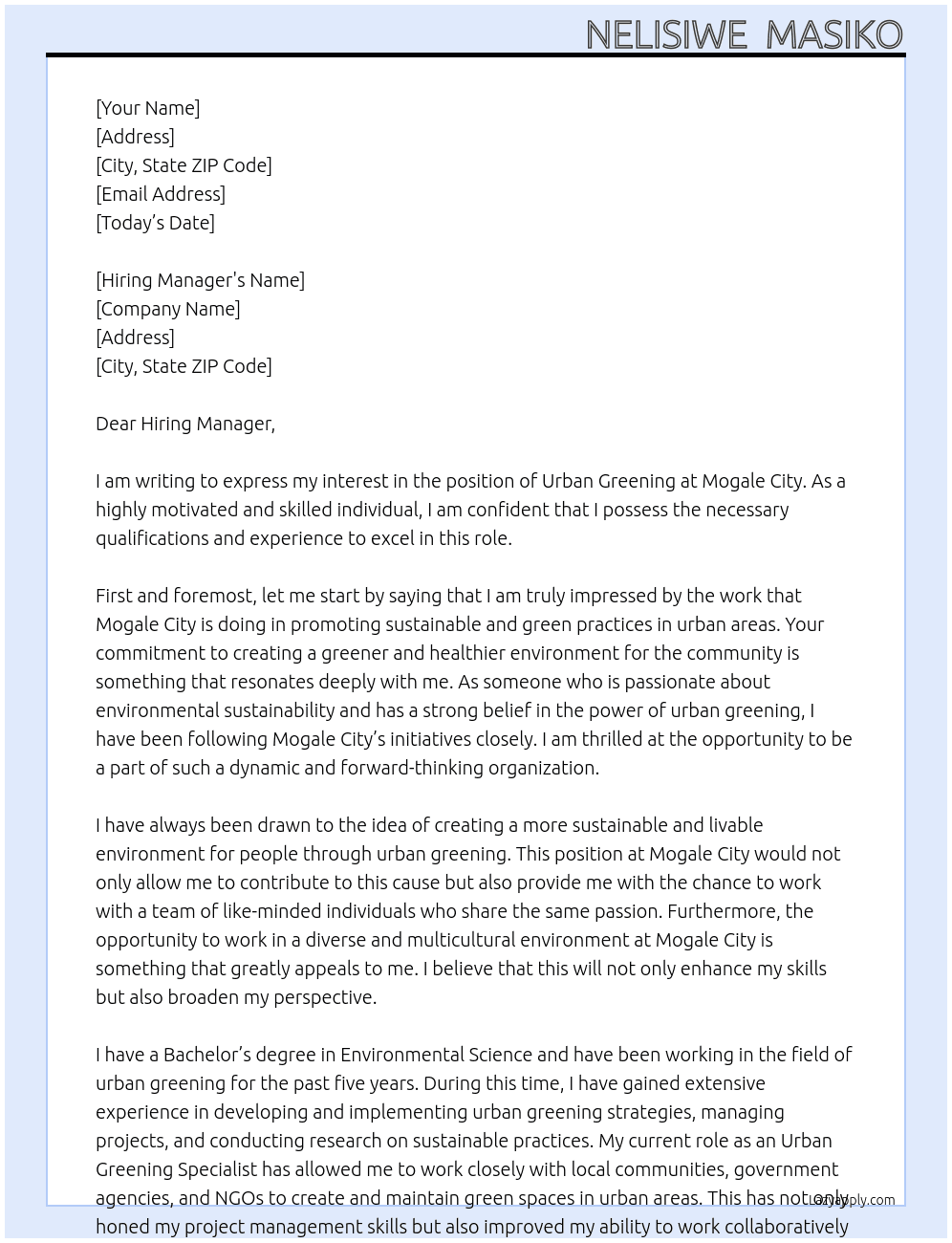 URBAN GREENING At MOGALE CITY Cover Letter