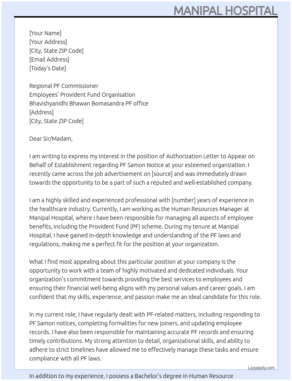 Authorization letter to appear on behalf of Establishment regarding PF Samon notice At To PF office Cover Letter