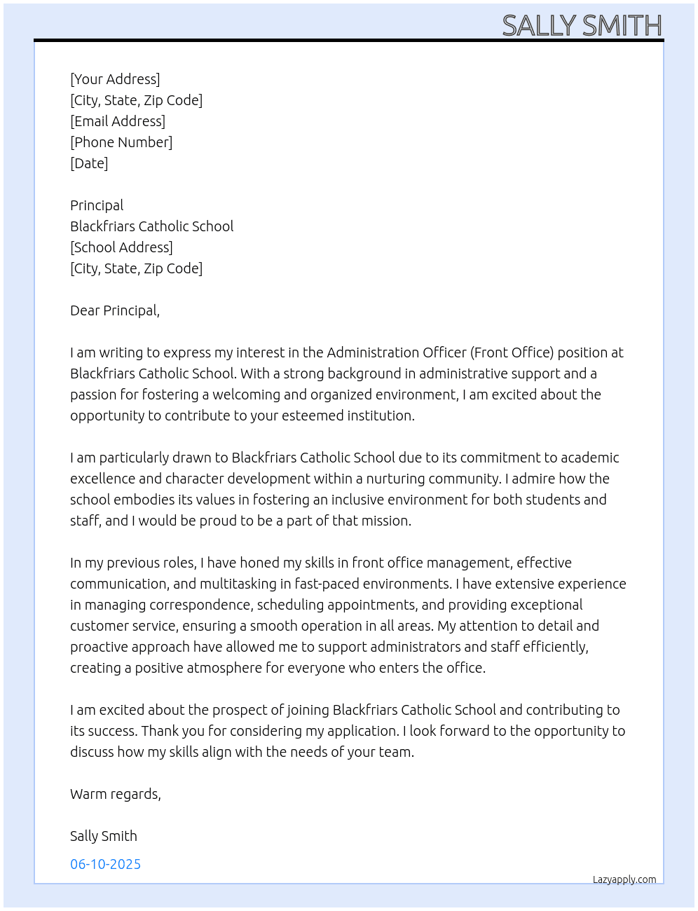 Administration Officer (Front Office) At Blackfriars Catholic School Cover Letter
