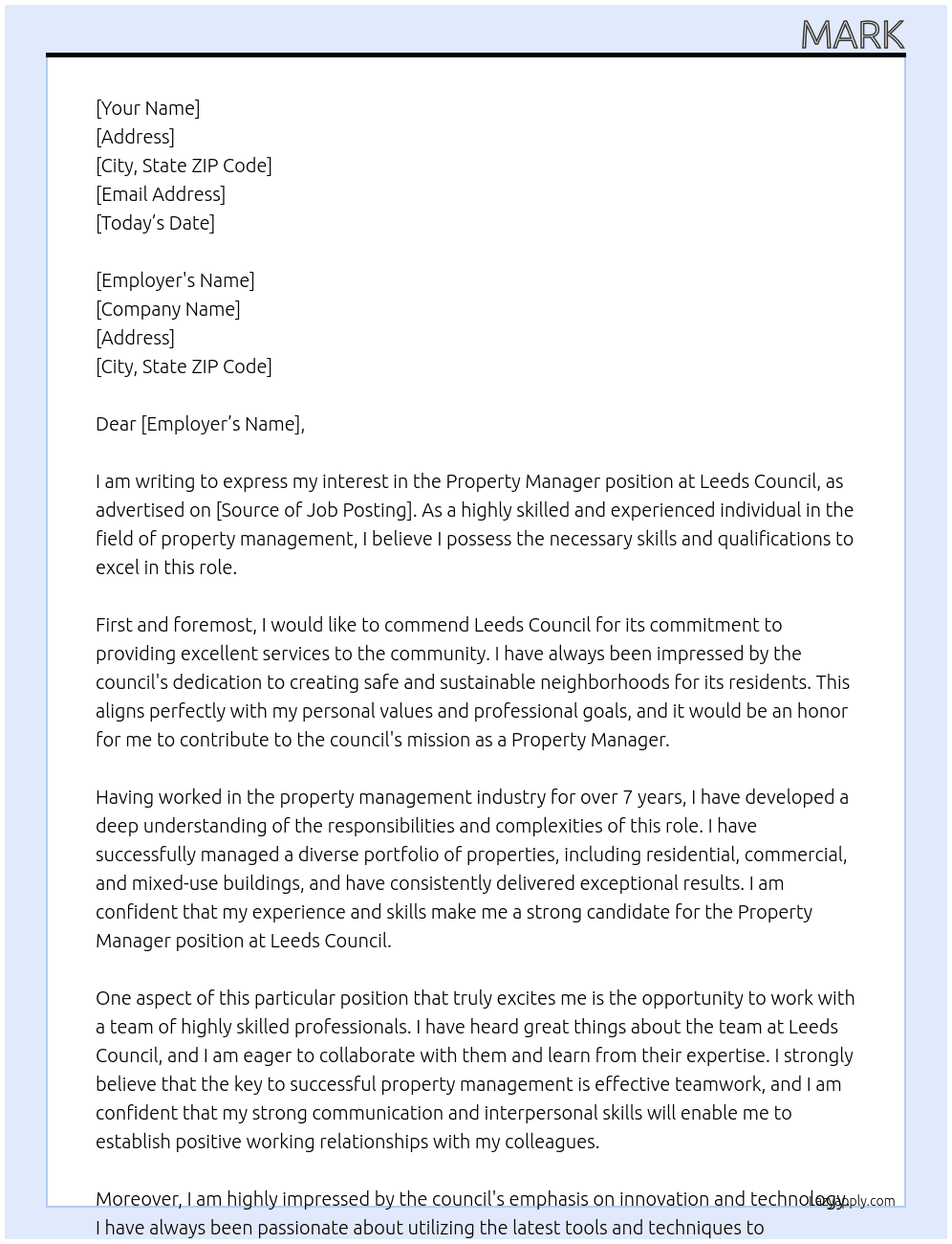 property manager At leeds council Cover Letter
