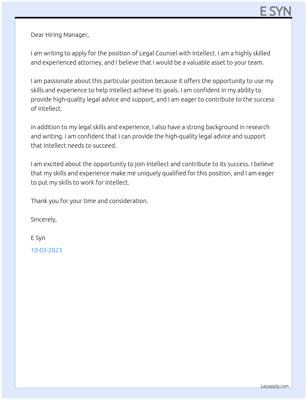 Legal Counsel At Intellect Cover Letter