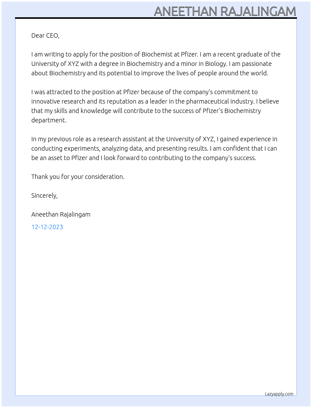 Biochemist At Pfizer Cover Letter