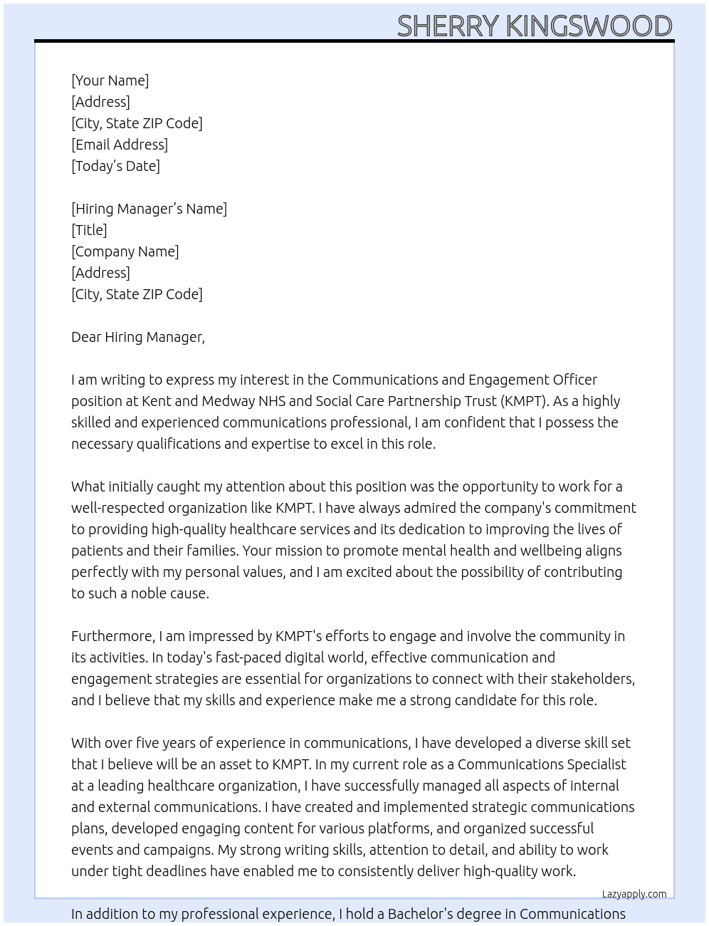 Communications and Engagement Officer At Kent and Medway NHS and Social Care Partnership Trust (KMPT) Cover Letter