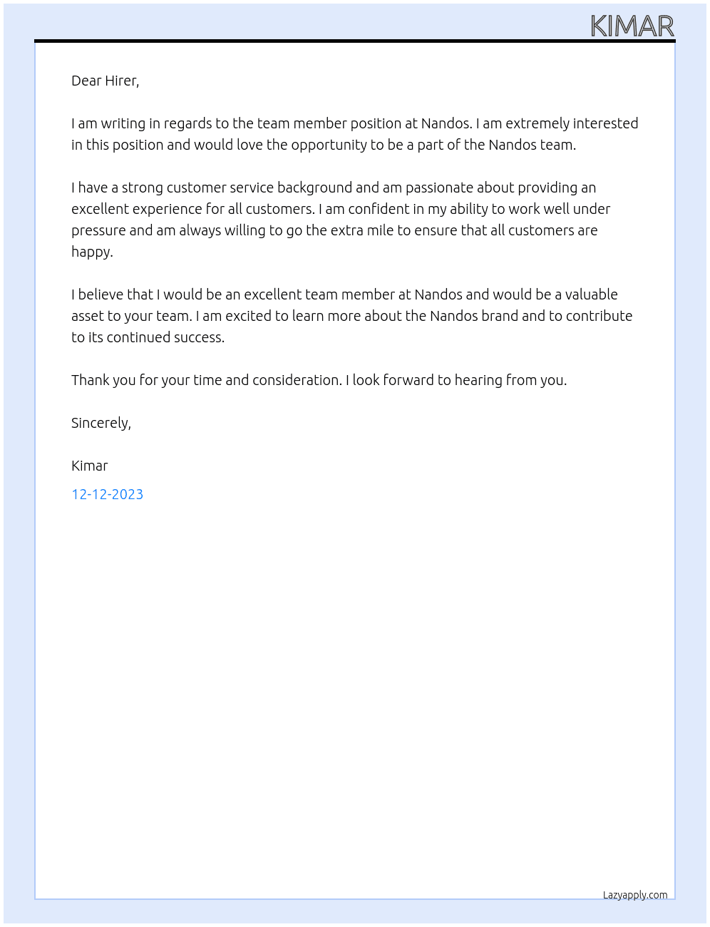 Team member At Nandos Cover Letter
