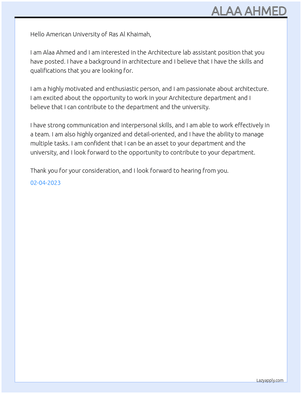 Cover letter for architecture lab assistant - LazyApply