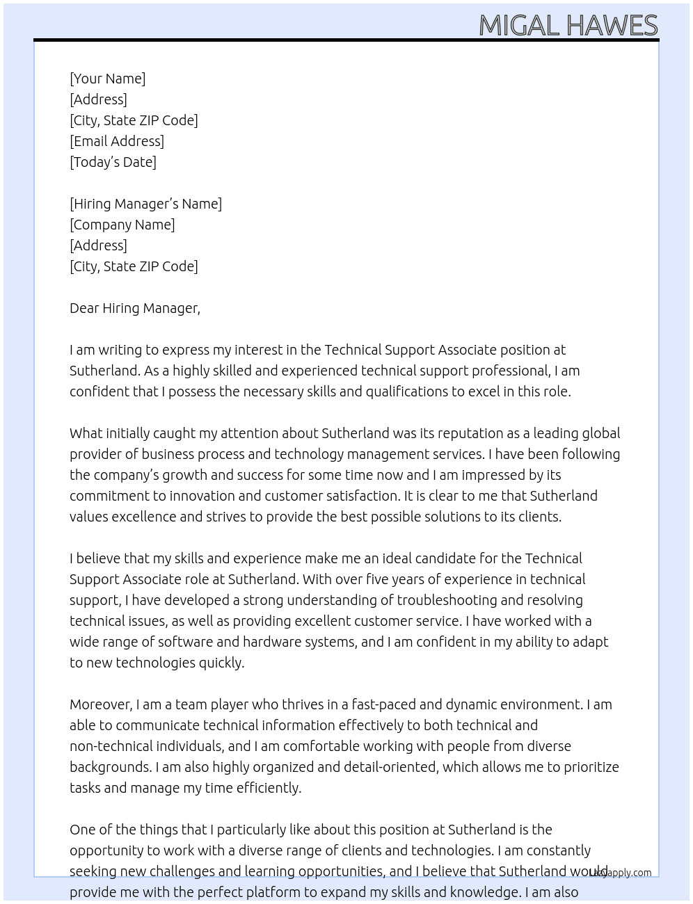 Technical Support Associate At Sutherland  Cover Letter