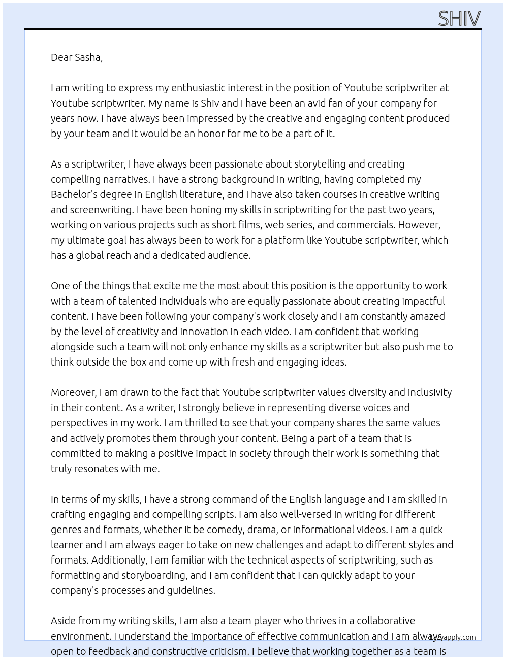 Youtube scriptwriter At Youtube scriptwriter Cover Letter