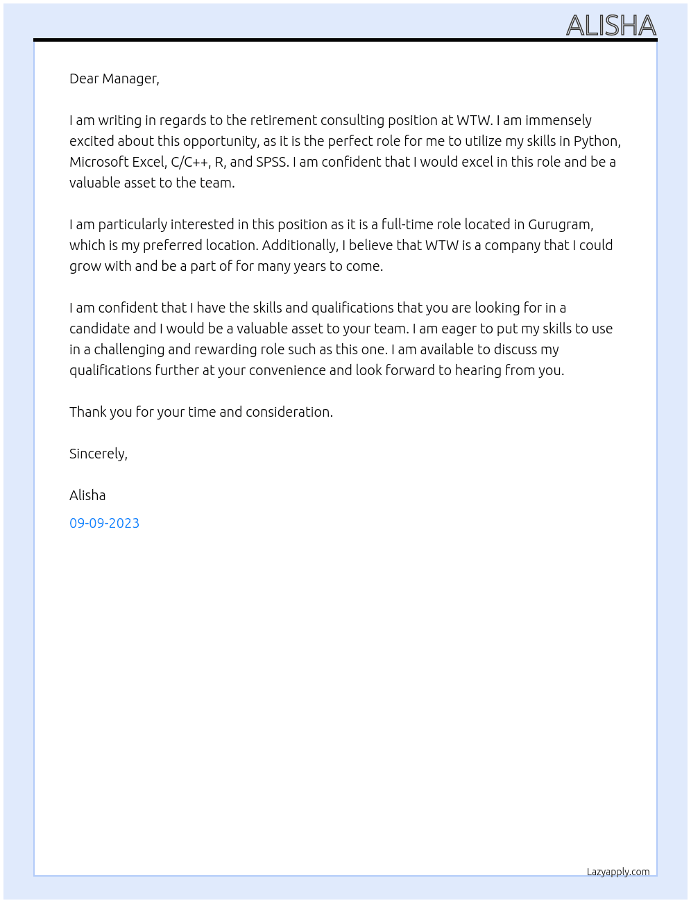 Retirement Consulting At WTW Cover Letter