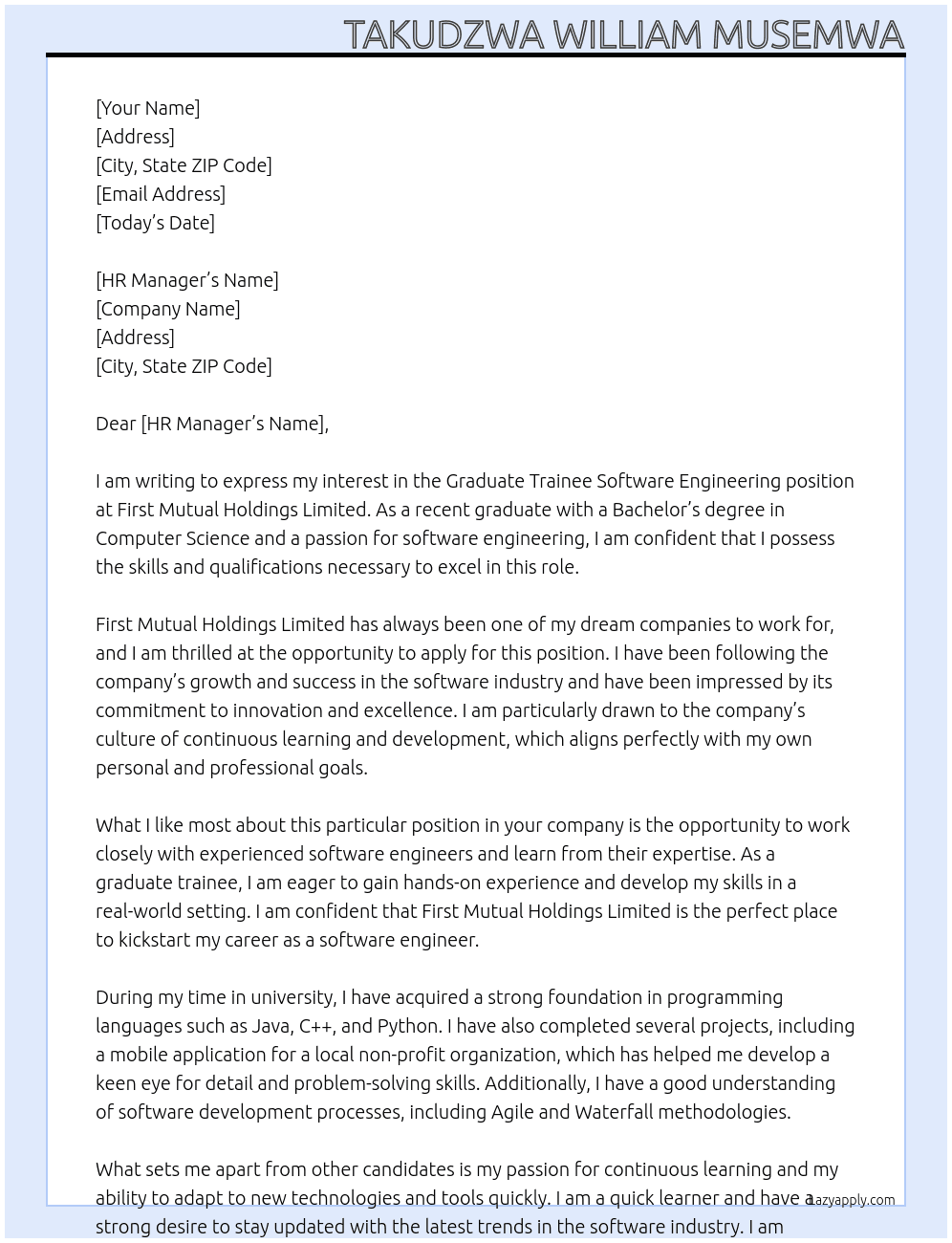 Graduate Trainee Software Engineering  At First Mutual Holdings Limited Cover Letter
