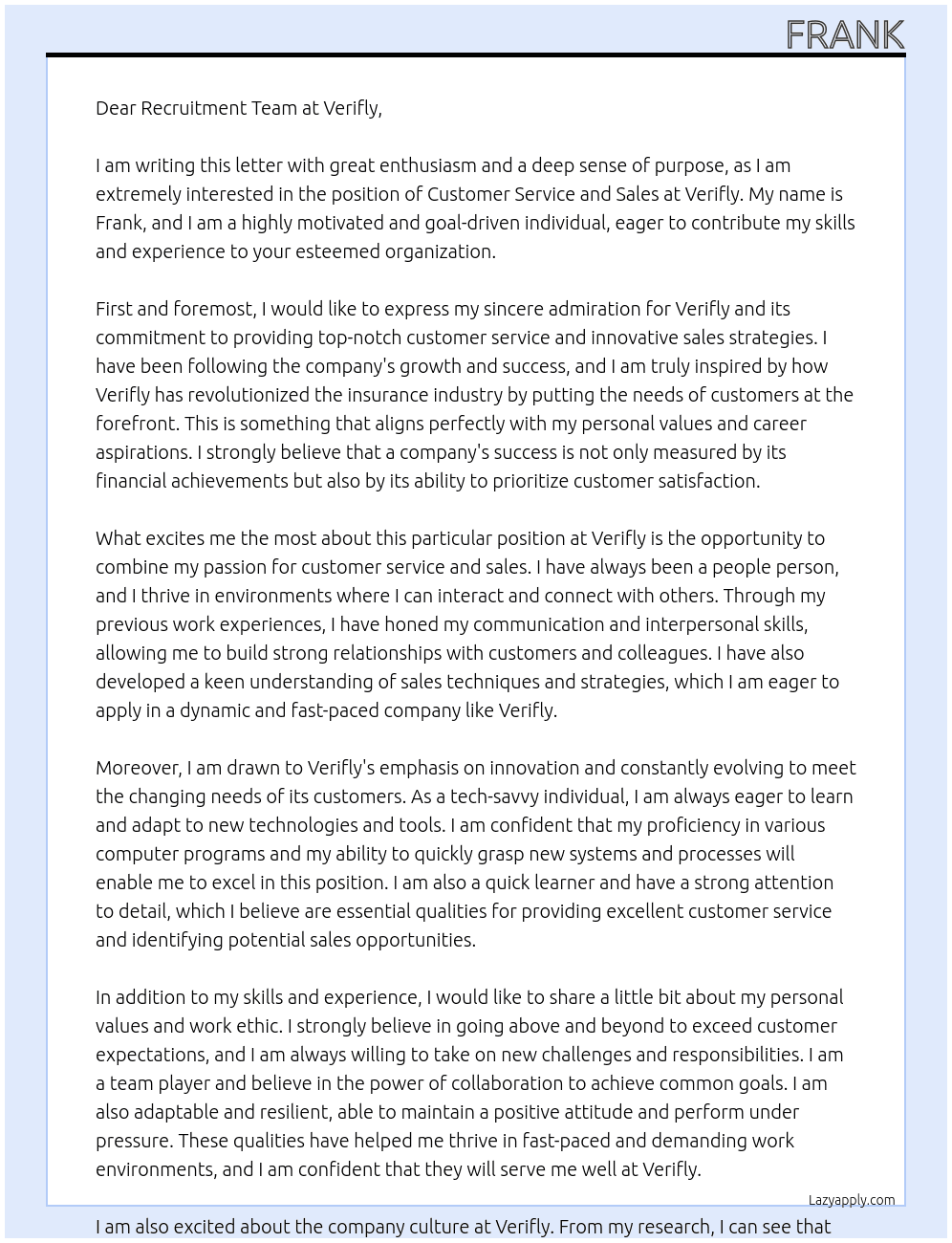 Customer service and sales At Verifly Cover Letter