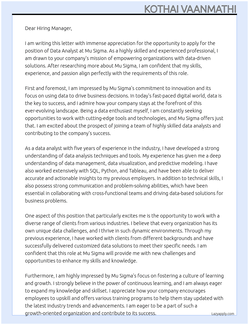 Data analyst At Mu sigma Cover Letter