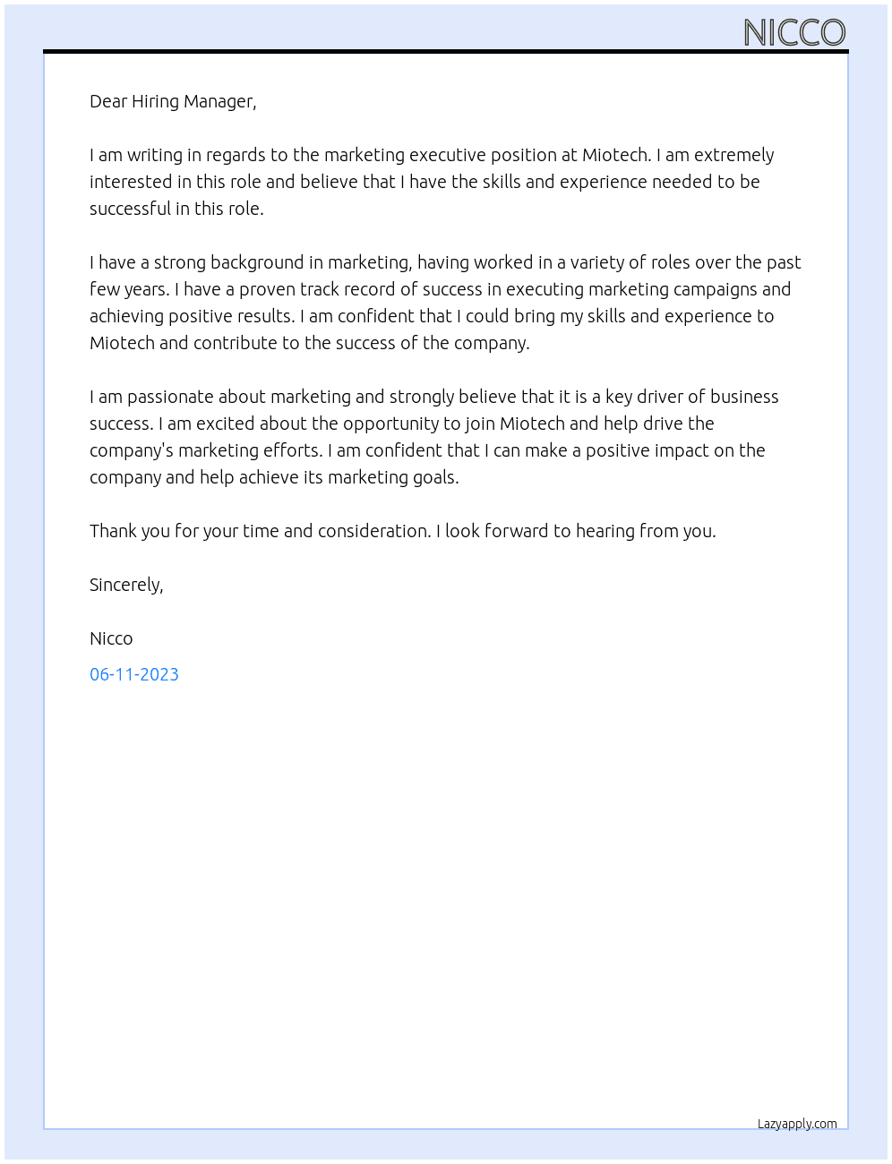 marketing excecutive At Miotech Cover Letter