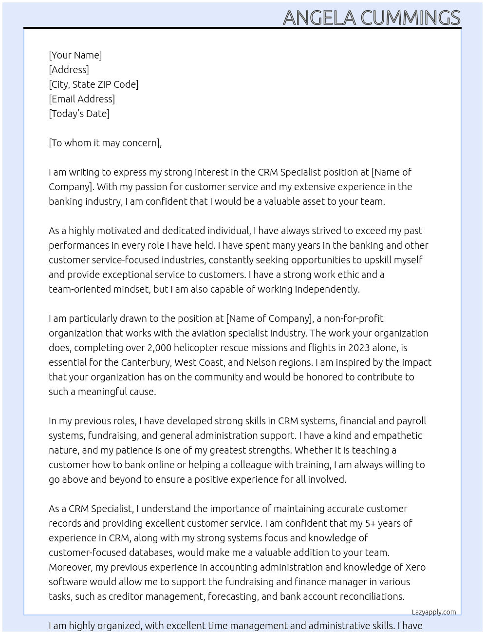 CRM Specialist  At non-for-profit organisation Cover Letter