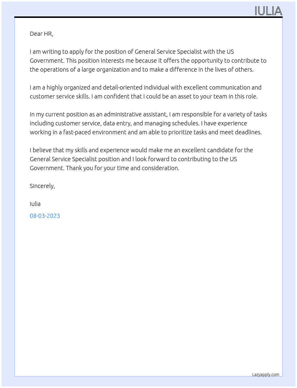 General Service Specialiat At US Govermenr Cover Letter