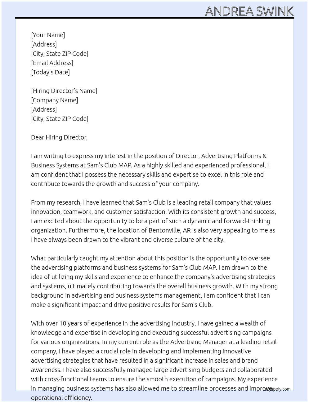 Cover letter for director, advertising platforms & business systems – sam’s club map - LazyApply