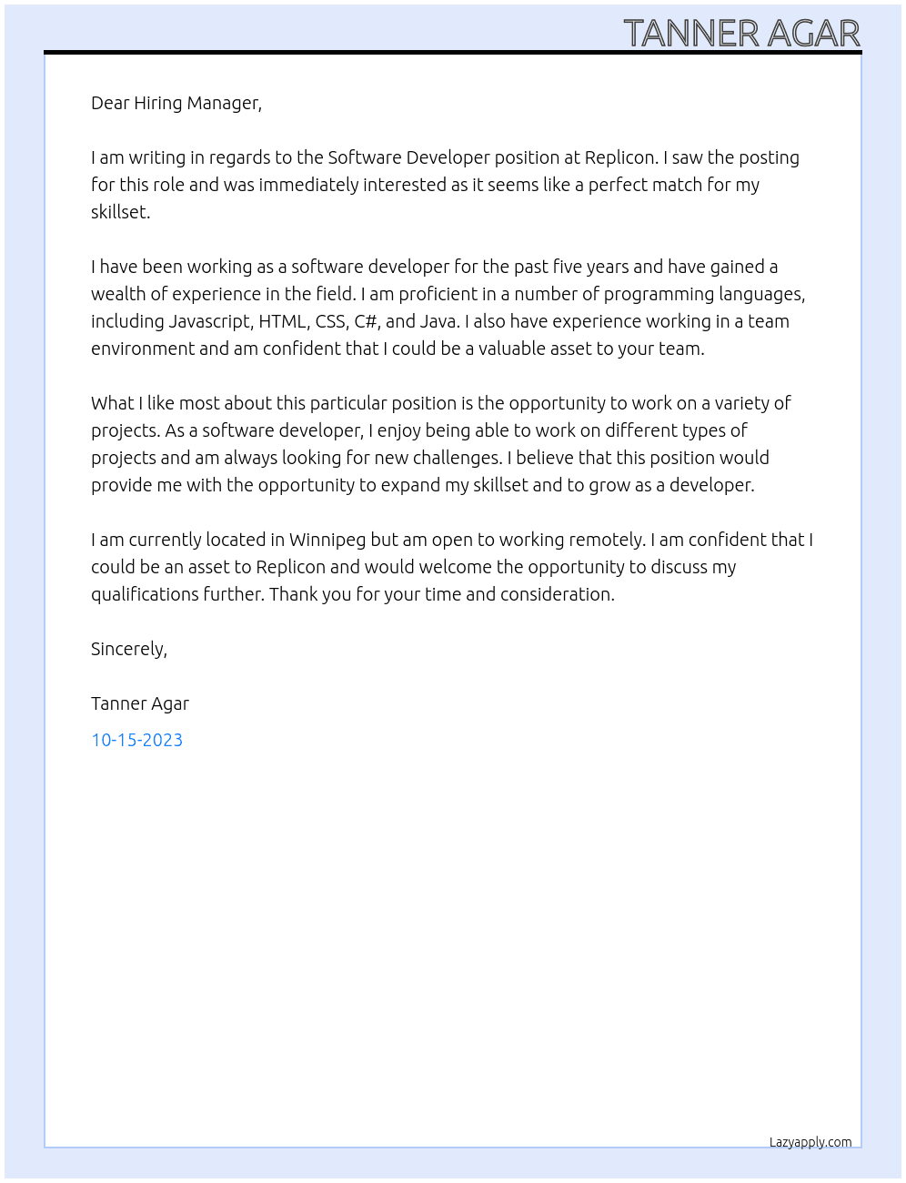 Software Developer At Replicon Cover Letter