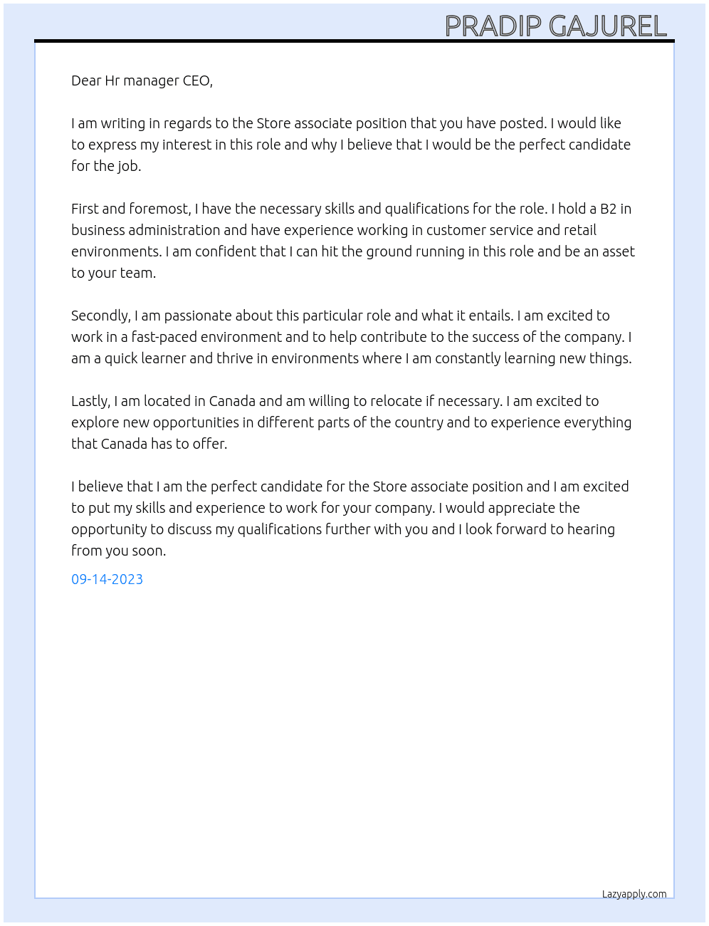 Store associate  At Store associate  Cover Letter