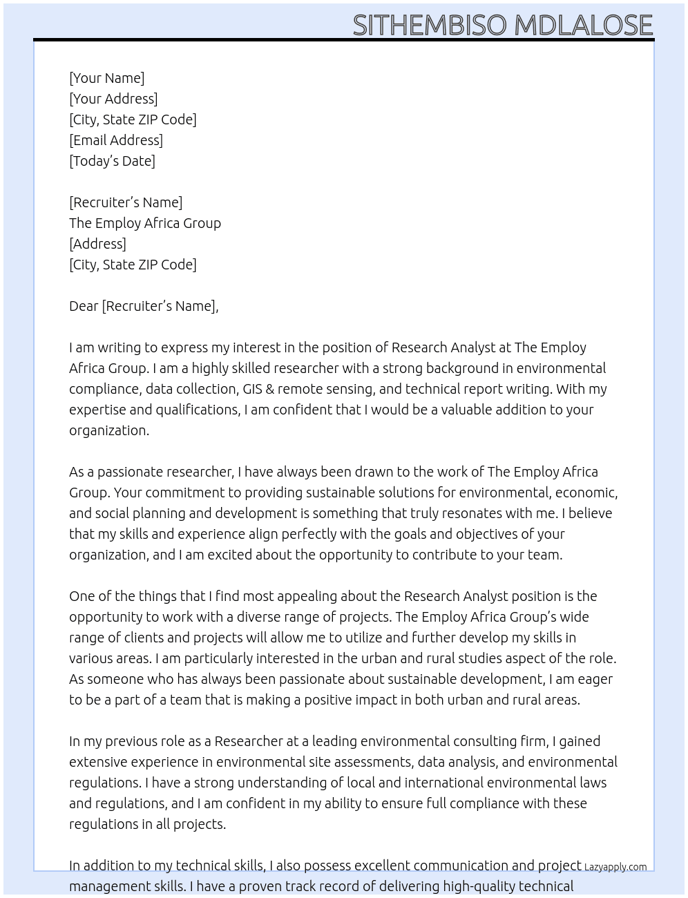 Research Analyst At THE EMPLOY AFRICA GROUP  Cover Letter