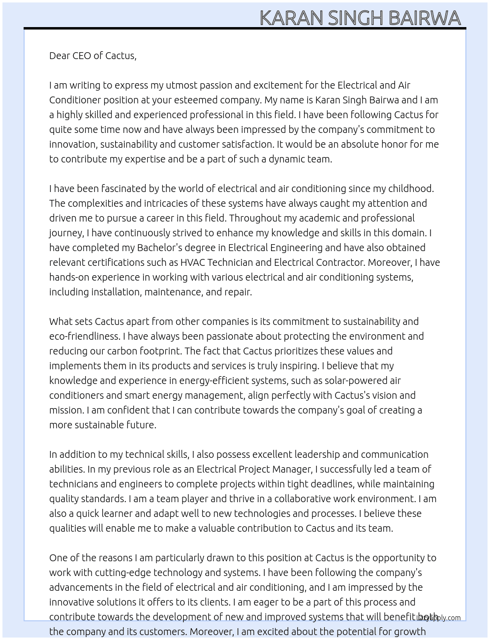 Electrical and air conditioner  At Cactus  Cover Letter