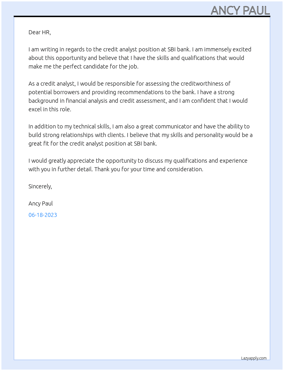 Credit analyst  At SBI bank Cover Letter