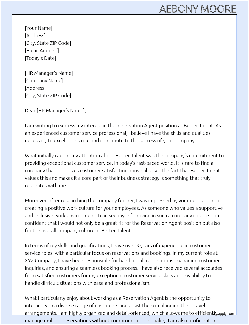 reservation agent  At Better Talent Cover Letter
