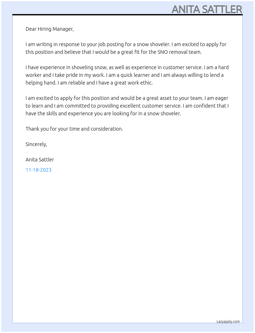 snow shoveler At SNO removal ltd Cover Letter