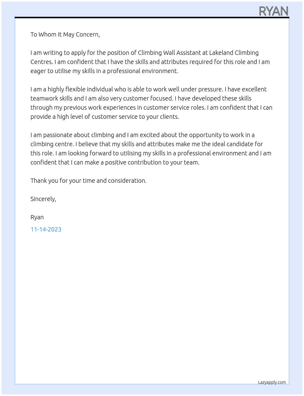 Climbing Wall Assistant At Lakeland Climbing Centres  Cover Letter