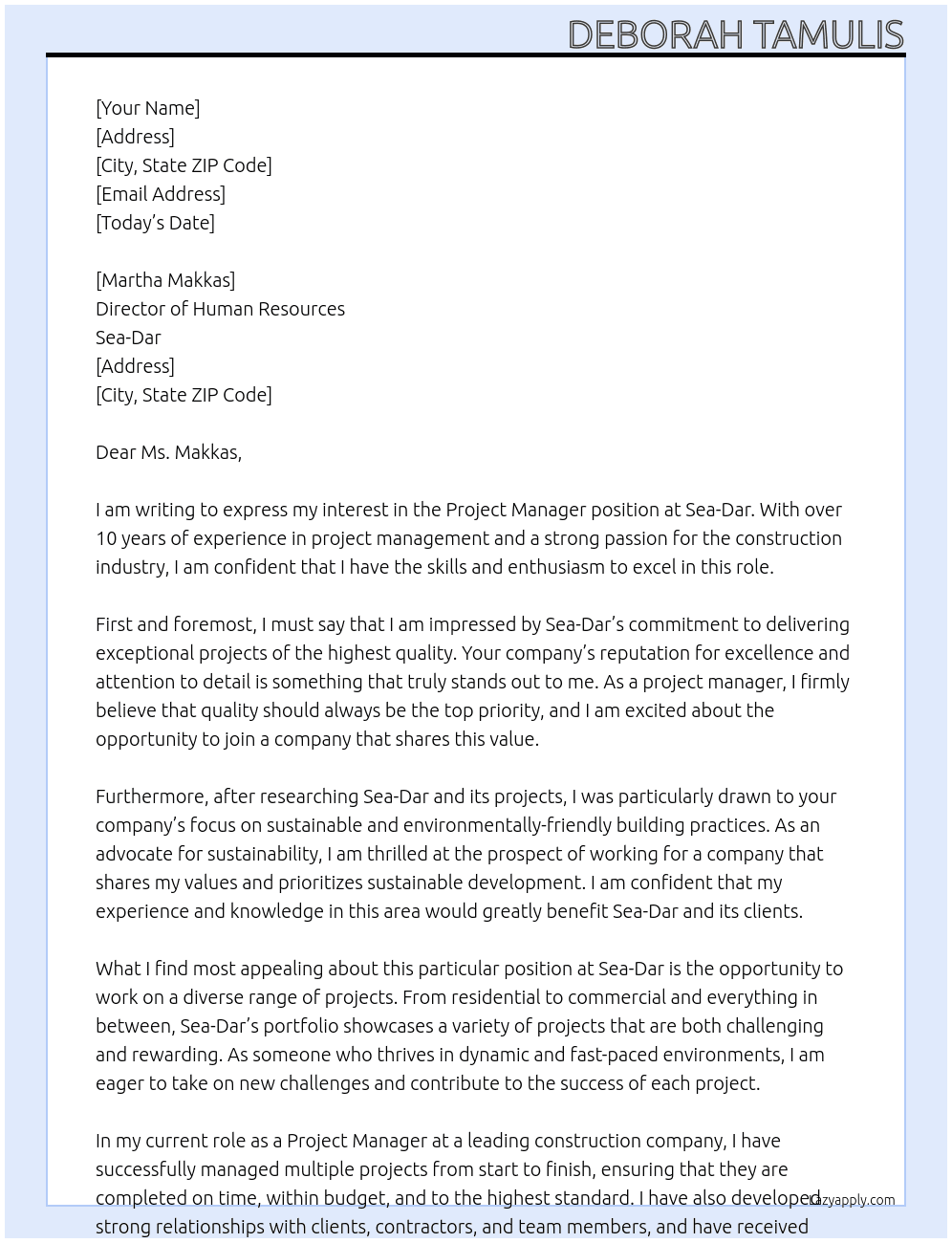 Project Manager At Sea-Dar Cover Letter