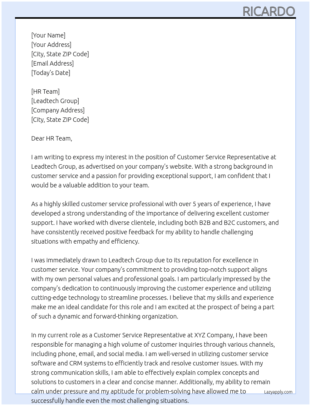 customer service  At Leadtech Group Cover Letter