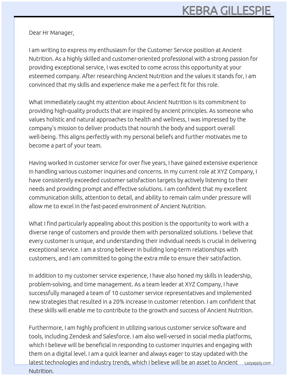 Customer service  At Ancient nutrition  Cover Letter