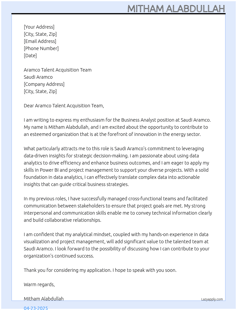 Business analyst At Saudi Aramco Cover Letter