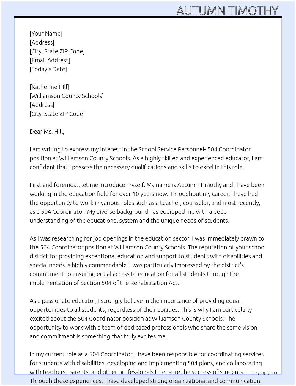 School Service Personnel- 504 Coordinator At Williamson COunty Schools Cover Letter